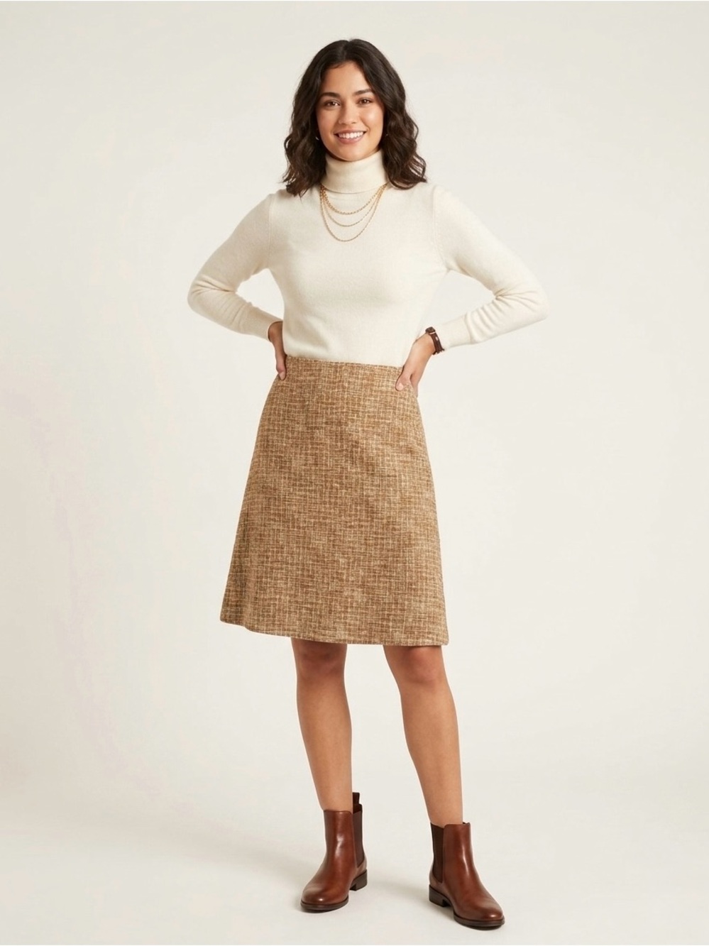 Piazza Sempione Linen Plaid Skirt Tan Woven Fitted Flare Hem. Size IT 42, US 10